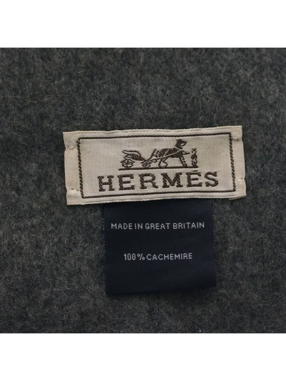 Hermes Logo Embroidery Cashmere Fringe Scarf Gray